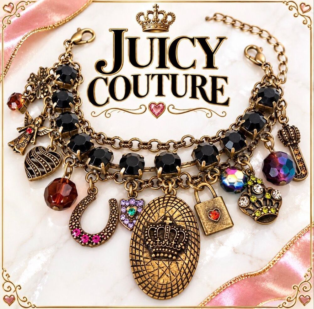 Juicy Couture Vintage Y2K Crown Charm Bracelet Black Rhinestones
